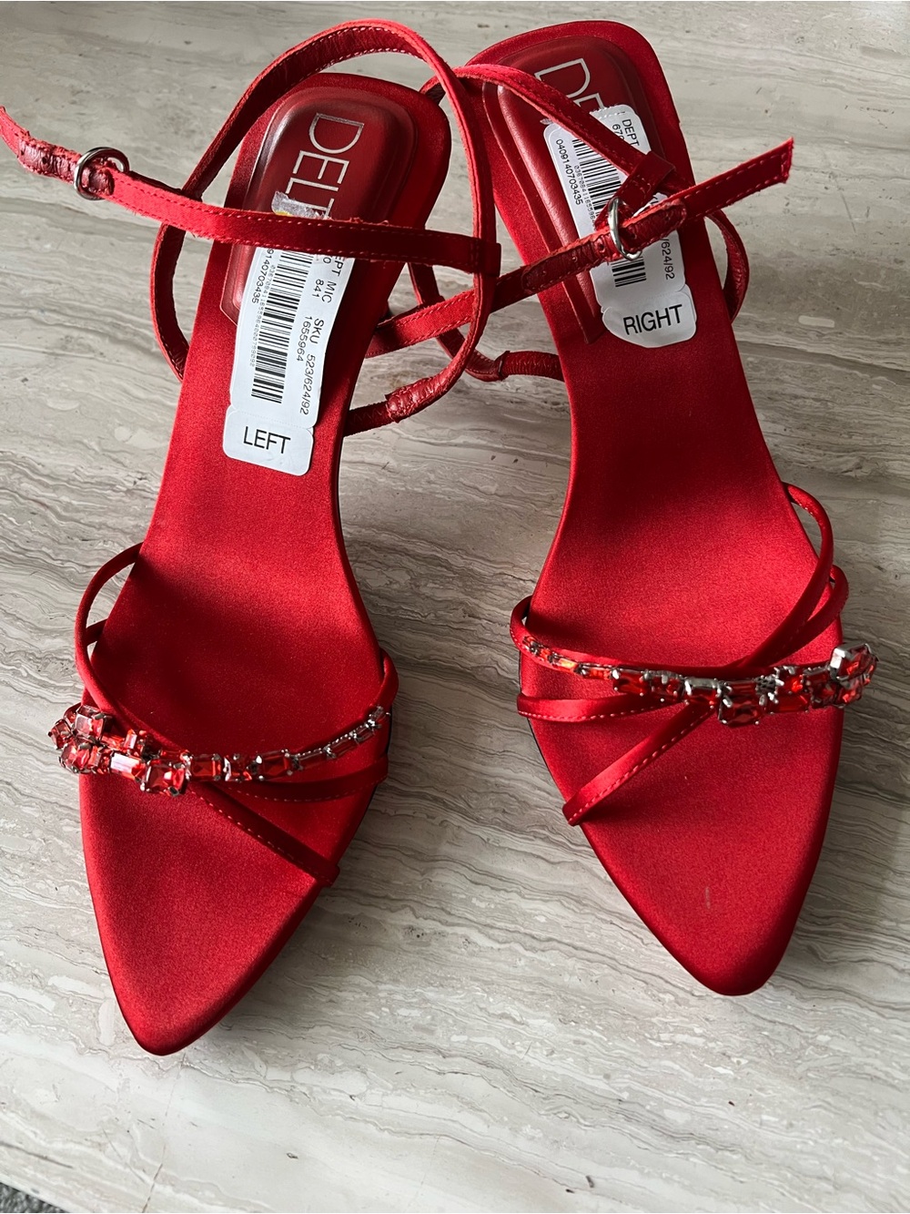 Delta Red Satin Pointed-Toe Strappy Heels with Jeweled Band